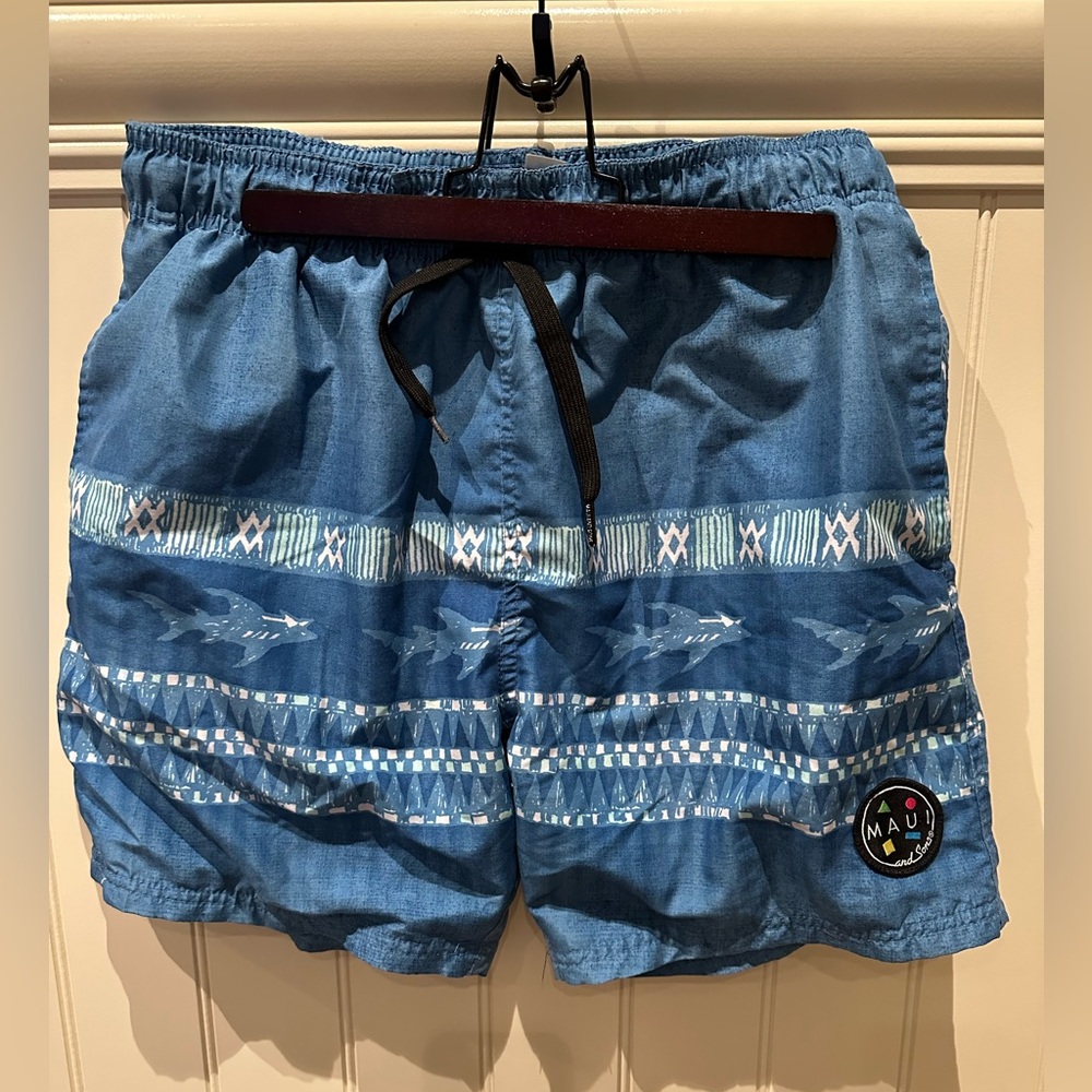 MAUI Boys Size Medium Blue & White Swim Trunks Swimming Shorts